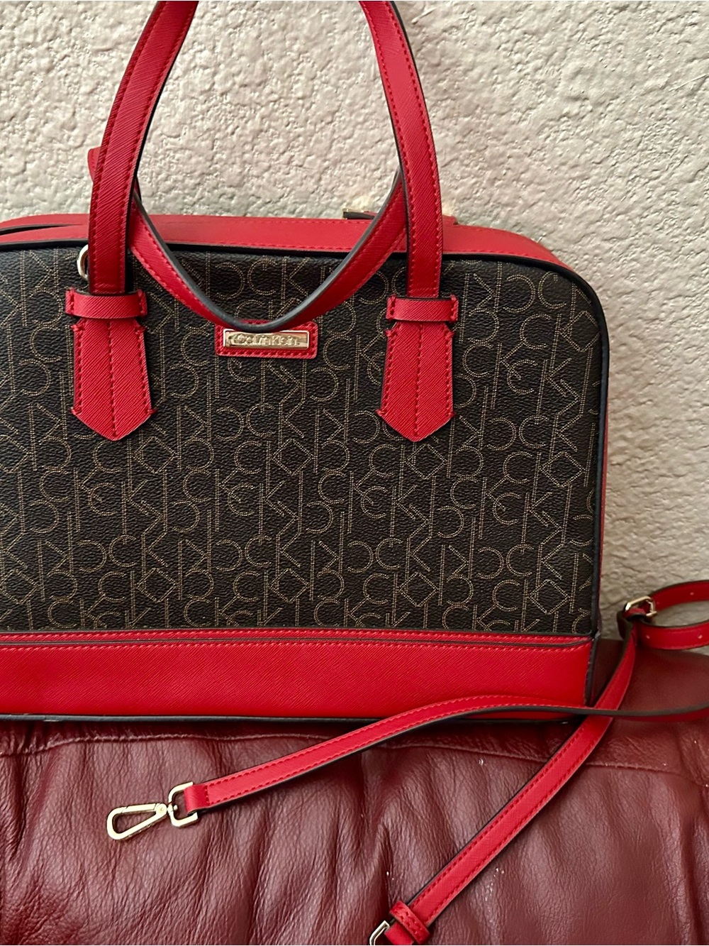 Calvin Klein Brown Monogram Satchel with Red Trim